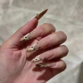 MERVF Long Press on Nails Almond Fake Nails Press ons Brown Ombre French Tip Glue on Nails Press ons Leopard Design Stiletto Acrylic False Nails Glossy 24pcs