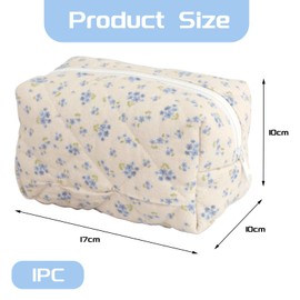 LunarCharm Cute Small Floral Cotton Makeup Bag, Quilted Zipper Bag with Blue Flowers - Cute Travel Cosmetic Bag for Purse, blue