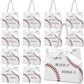 Marspark 20 Pcs Baseball Party Favors Gift Bags Baseball Goodie Bags with Handles and Ribbon Paper Treat Print Theme Decoration Handbag for Baby Shower Birthday Snack Supplies Team Sports Party