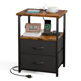 Fixwal Night Stand with Charging Station, Nightstand with Fabric Drawers, Bedside Table for Bedroom, Rustic Brown and Black