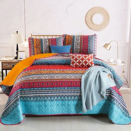 WONGS BEDDING Boho Quilt California King Size, Orange and Blue Bohemian California King Quilt Set Oversized, All Season Lightweight Bedspread Coverlet Set for Bedroom Decro 96"x106" (3 Pieces)