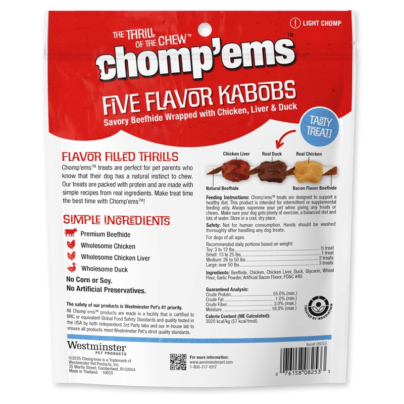 CHOMP 'EMS Five Flavor Kabobs Dog Treats - Beefhide Chewstick
