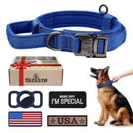 OEBEESA Tactical Dog Collar Adjustable Military Collar: - Nylon K9 Collars with Handle and Heavy Duty Metal Buckle for Medium and Large Dogs with 3 Patches and Airtag Case Holder (Blue, M)