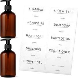 ISOLATECH Set of 2 500 ml Bathroom Soap Dispenser Bottles Set with Black Dosing Pump - Brown PET Empty Bottles, Refillable for Shower Gel, Shampoo, Body Lotion - Includes 10 Labels