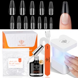 modelones Gel Nail Kit, Long Coffin Gel Nail Tips, 9-in-One Nail Glue & Portable U V Nail Lamp, 216Pcs 12Sizes Acrylic False Nails Tip Press On Nails Art DIY Nail Extension Gift for Women