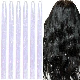 6 Pcs Hair Tinsel Multicolor Glitter Tinsel Hair Extensions for Girls Heat Resistant Fairy Sparkle Strands Birthday Gifts for Girls Pop-up 1200 Strands 48 Inch (White Gold)