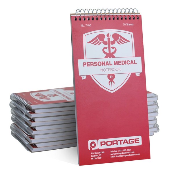 Portage Medical Journal – Medical Log Book to Track Drug Intake, Blood Sugar & Blood Pressure, Health Journey, Medical Diary with Template, Top Bound Spiral – 4x8 In, 70 Sheets, 12 Pack