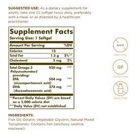 SOLGAR Solgar Triple Strength Omega 3 950 mg - 100 Softgels, Pack of 3 - Supports Joint & Skin Health - Non-GMO, Gluten Free, Dairy Free - 300 Total Servings