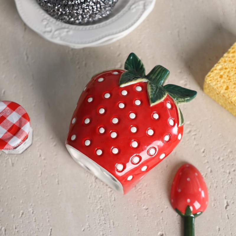 Bicuzat Ceramic Red Strawberry Shape Sponge Holder for Kitchen Sink,