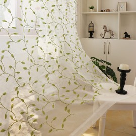 SLOW SOUL 2 Panels Green Embroidered Leaves Sheer Curtain Faux Linen Semi Sheer Voile Window Curtains Drapes for Bedroom Living Room Rod Pocket 52W X 96L inch
