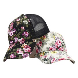 Floral Print Baseball Caps Hat,Flower Casual Fishing Sun Hat Mesh Back for Men Women Girls Adjustable (Polyester Blend, Black and White)