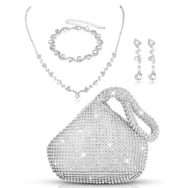 Meanplan 4 Pcs Silver Clutch Purse Jewelry Set for Women Evening Rhinestone Purse Silver Accessories for Women Bride Wedding(Charming Style)