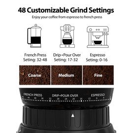 Aromaster Coffee Bean Grinder with 48 Gind Settings, Conical Burr Coffee Grinder for Home Use,Stainless Steel,40 Seconds Adjustable Timer,Anti-static,Easy to Clean with Brush