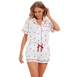 LUBOT 100% Cotton Women's Pajamas Set PJ Set Button-Down Short Sleeve 2 Piece Set Printed Patterned Summer Night Suit Sleepwear Loungewear (Cherry, M)