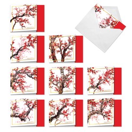 Cheers and Cherries - 10 Blank Chinese Holiday Cards (4 x 5.12 Inch) - Pink, Red Cherry Blossom Cards Boxed, Chinese New Year MQ5072HHG-B1x10