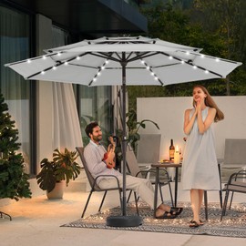 JEAREY 3 Tiers Patio Umbrella with Solar Lights 9FT Outdoor Market Table Umbrellas with Push Button Tilt for Outside Garden Pool,Light Gray