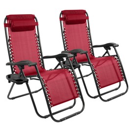 Elevon Zero Gravity Chair Set of 2 with Cup Holder & Removable Pillows, Adjustable Reclining Outdoor Patio Folding Chairs Portable Lounge Chair Furniture for Poolside, Lawn, Beach, Camping, Red