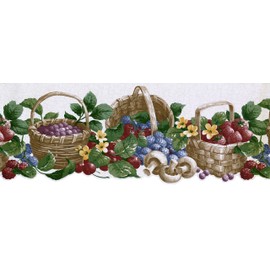 CONCORD WALLCOVERINGS ™ Wallpaper Border Fruits Pattern Berries Baskets Mushrooms Leaves, Die Cut Edge for Kitchen Cottage Dining Area, Beige Red Blue Green, 15 Feet by 9 Inches CV103730