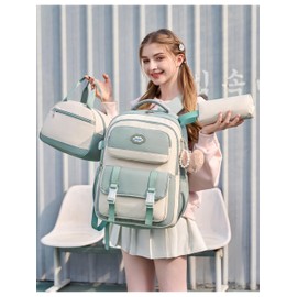 Backpack for Girls 3pcs Set Kids Backpack with Lunch Box & Pencil Case,Waterproof Bookbag Back to School Backpacks for Elementary Middle High School Students College Teen Travel(Beige Green Set)