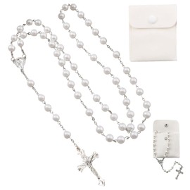 Rosary Necklace for Women and Men, Girls, Boys, Rosary Catholic, Prayer Chain Christian with Compact Button Bag, Rosary 8 mm Beads, Religious Gifts, Faux Pearl Rosary, Pearl