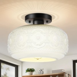 OYKYOHEI Semi Flush Mount Ceiling Light,White Glass Vintage Kitchen Ceiling Light Fixture, Globe Glass Close to Crystal Modern Lighting for Hallway Bathroom Bedroom Porch Entryway,Bulb Not Included