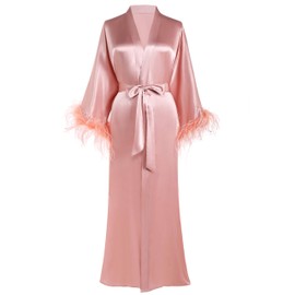 PRODESIGN Satin Kimono Robe Long Silky Bath Robe with Ostrich Feather Trim Sleepwear Wedding Bridesmaid Robe Pink