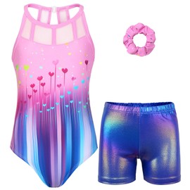 JOYSTREAM Gymnastics Leotards for Girls With Shorts Sparkly Ballet Dance Mesh Tank Activewear Multicolor Hearts,6-7Years