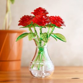 HCM Kinzel Crystal Puzzle – 3D Red Roses in Red Vase, Transparent Design, 47 Pieces, Assembly Kit for Children and Adults