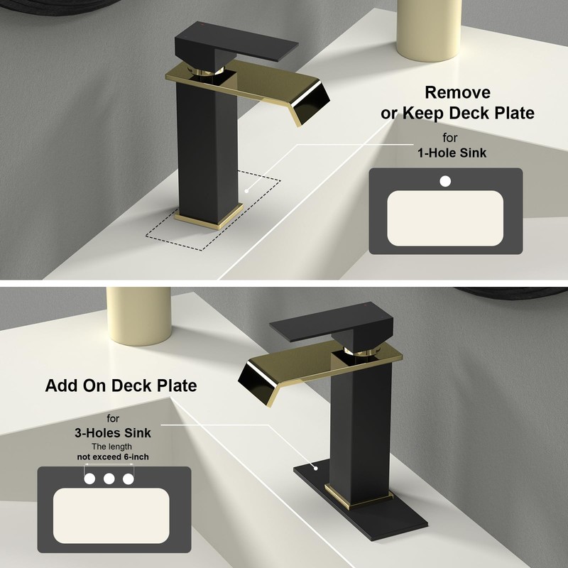 Bathroom Sink Faucet, Black and Gold Color, Waterfall Style, SUS304