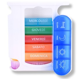 MEDIPILL Tower Dose Pillendose Wochendose Italienisch | Wöchentliche Organisation von Medikamenten | 7 Tage | 4 Einnahmezeiten pro Tag | 28 Fächer | BPA-frei | 1 Stück | Regenbogen