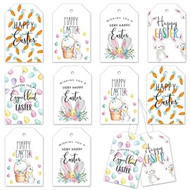 Whaline 100 etiquetas de regalo de Pascua con cuerda plateada de 32 pies, etiquetas de papel de Pascua de zanahoria, conejo, huevos de Pascua, etiquetas colgantes para vacaciones, etiquetas de nombre para Pascua, bricolaje, regalo, fiesta, decoración, 5 diseños