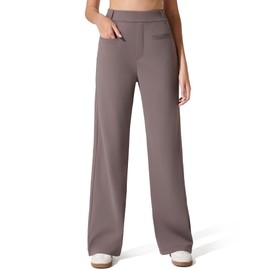 G4Free Women's Straight Leg Pants with Pockets Dressy Casual Yoga Trousers Elastic Waist Comfy Stretch Slack Belt Loops (29.5,Taupe,L)