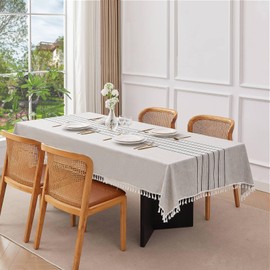 YUNSYHAI Table Cloth Rectangle Table, Striped Embroidered Tablecloth, Cotton Linen Wrinkle Free Dining Table Cover, Decorated Kitchen Banquet (Six Striped Gray, Rectangle，55 x 102 in, 8-10 Seats)