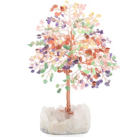MASGEMES Chakra Crystal Tree of Life Natural Gemstone Healing Crysals(406 Stone Count) with Clear Quartz Base,Fengshui Decor Money Tree,Positive Energy Lucky Gift Height 8.5-9 Inches
