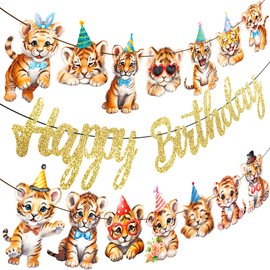 Tiger Birthday Party Banners 3Pcs Glitter Gold Tiger Birthday Decorations Tiger Party Favor Hanging Banners Tiger Birthday Party Supplies for Jungle Safari Baby Shower Supplies