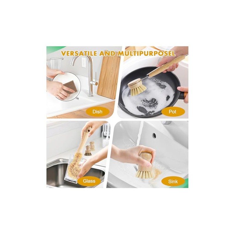 DEBETOOL 6-Piece Bamboo Dish Brush Set with Coconut Sponge |