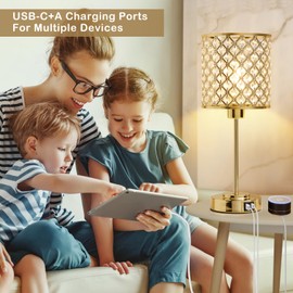 GyroVu Crystal Touch Control Table Lamp with USB-C+A Charging Ports, Dimmable Nightstand Lamp Set of 2 Crystal Decorative Bedside Lamps with Gold Elegant Shade for Bedroom Living Room, Bulbs Included