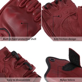Harssidanzar Mens Gloves Half Finger Goatskin Leather Motorcycle Gloves GM037UK, Oxblood, Size L