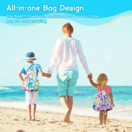 HOEMEM Dinosaur Beach Towel for Kids, 60" x 30" Sand Free Beach Towel Quick Dry, Ultra Absorbent & Lightweight All-in-One Kids Beach Pack for Boys, Girls, Travel