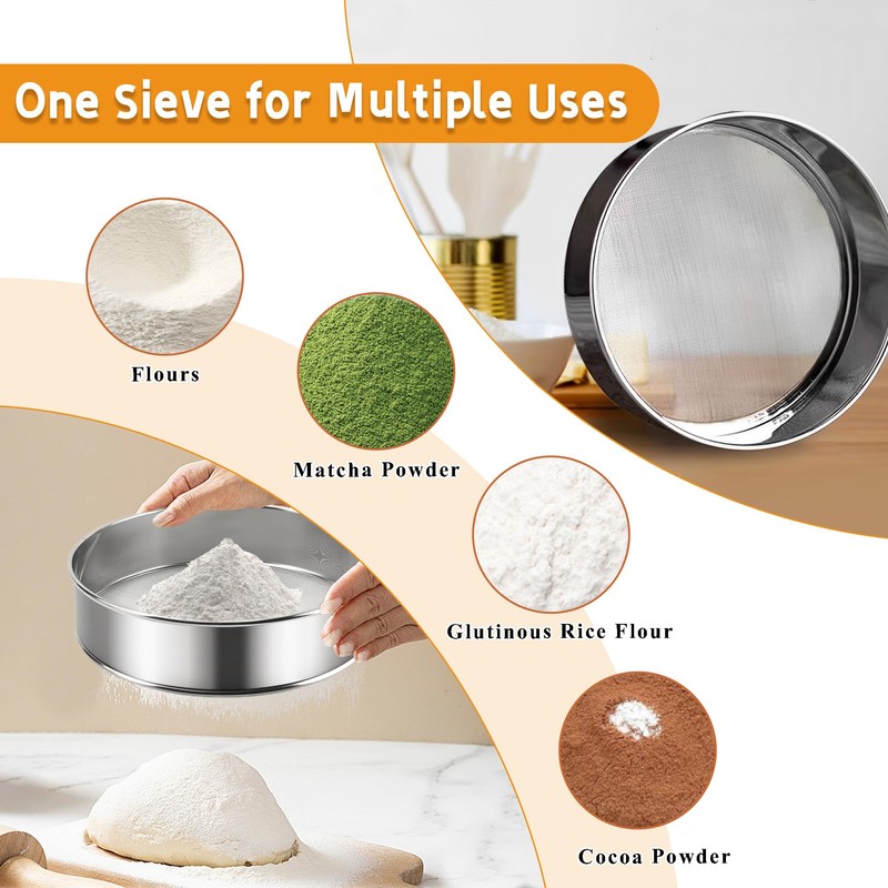 3PCS Stainless Steel Flour Sieve, 10/15/20 cm 40/60 mesh Fine