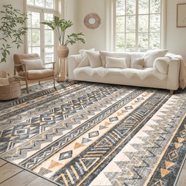 JINROUJU Moroccan Area Rug - Geometric Soft Thin Machine Washable with No Slip Backing - Durable Modern Neutral for Bedroom Kitchen Living Room Dining Room Orange Brown Grey 8x10
