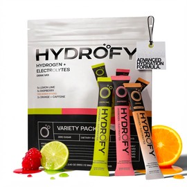 Hydrofy Hydrogen Water + Electrolytes Drink Mix - Variety Pack | H2 Hydration Packets with Molecular Hydrogen, Sodium, Potassium, Magnesium | Lemon Lime, Raspberry, Orange + Caffeine | 12 Count