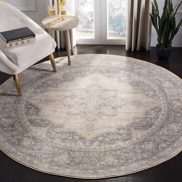 SAFAVIEH Brentwood Collection Area Rug - 8' Round, Cream & Grey, Medallion Distressed Design, Non-Shedding & Easy Care, Ideal for High Traffic Areas in Living Room, Bedroom (BNT865B)