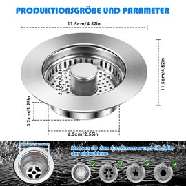 Feirdhoo 3-in-1 Pop-Up Drain Strainer Kitchen Sink, Stainless Steel Sink Plug and Drain Plug with Anti-Clogging Basket, Sink Strainer for Sink Bore 75-86 mm, Sink Strainer