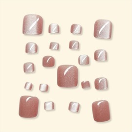 Square Shaped Press on Toenails Pink Glossy Design Acrylic Nails Short False Toes Nails Glitter Fake Toenails Full Cover Reusable Sparkly Fake Toe Nail for Women Nail Art DIY Decorations 24 Pcs