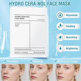 HYDRO CERA-NOL Face Mask, Real Deep Hyaluronic Acid Hydrating Sheet Masks, Nourishing, Brightening and Smoothing Skin, Natural Pamper Face Mask Treatment Moisturising Skincare Gift Set, 34g x 4ea