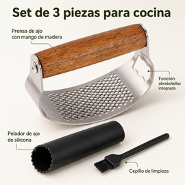 Exprimidor de Ajos con Mango de Madera, Prensa de Ajo Manual de Acero Inoxidable 430 con Pelador de Silicona, Cepillo de Limpieza y Abrebotellas, Machacador y Triturador de Ajo y Jengibre