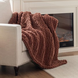 LAST MODA Chunky Knit Blanket Throw, 100% Hand Knit Throw Blanket Handmade Chenille Cable Knit Throw for Couch, Stylish Cozy Soft Rope Knot Crochet Blanket for Home Decor, Copper Brown, 50x60 Inches