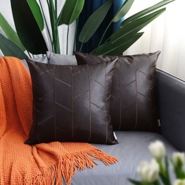 BRAWARM Faux Leather Pillow Covers 22 X 22 Inches, Brown Leather Pillow Covers Pack of 2, Geometric Embroidery Leather Decorative Throw Pillows for Living Room Couch Bed Sofa Home