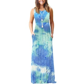 MOLERANI Women's Loose Plain Maxi Dresses Casual Long Dresses with Pockets,Dyed Blue Green White,XS
